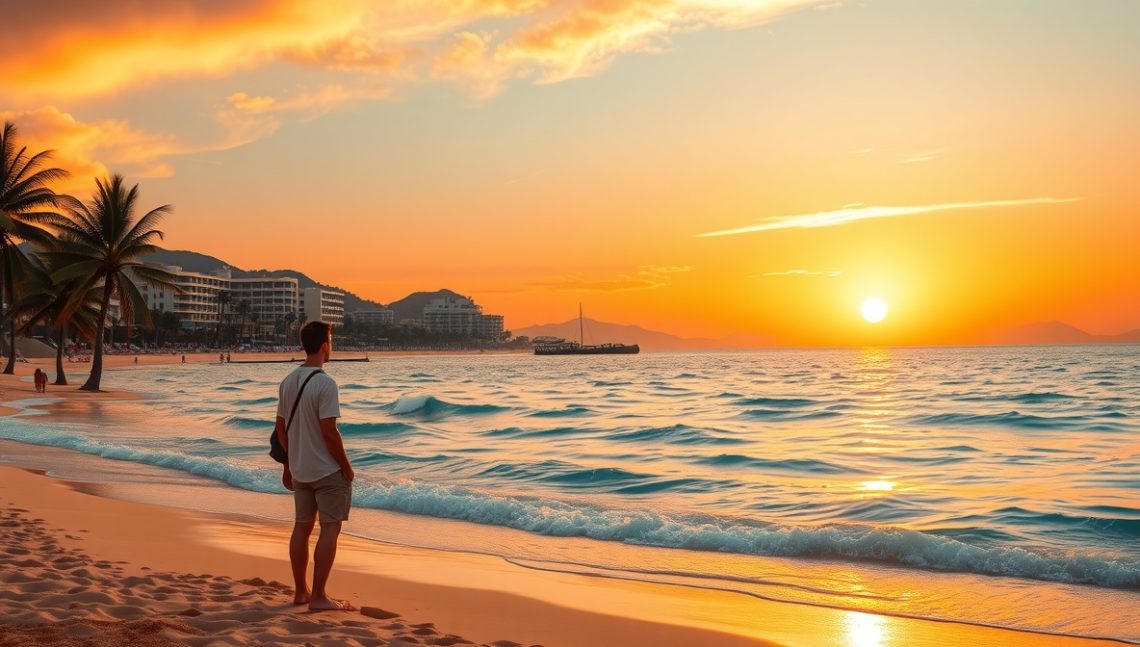 Турист с картой и чемоданом возле самолёта, символ экономичного путешествия.